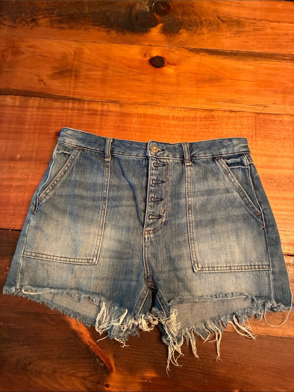 We The Free Distressed High-Rise Denim Shorts - Light Blue Wash